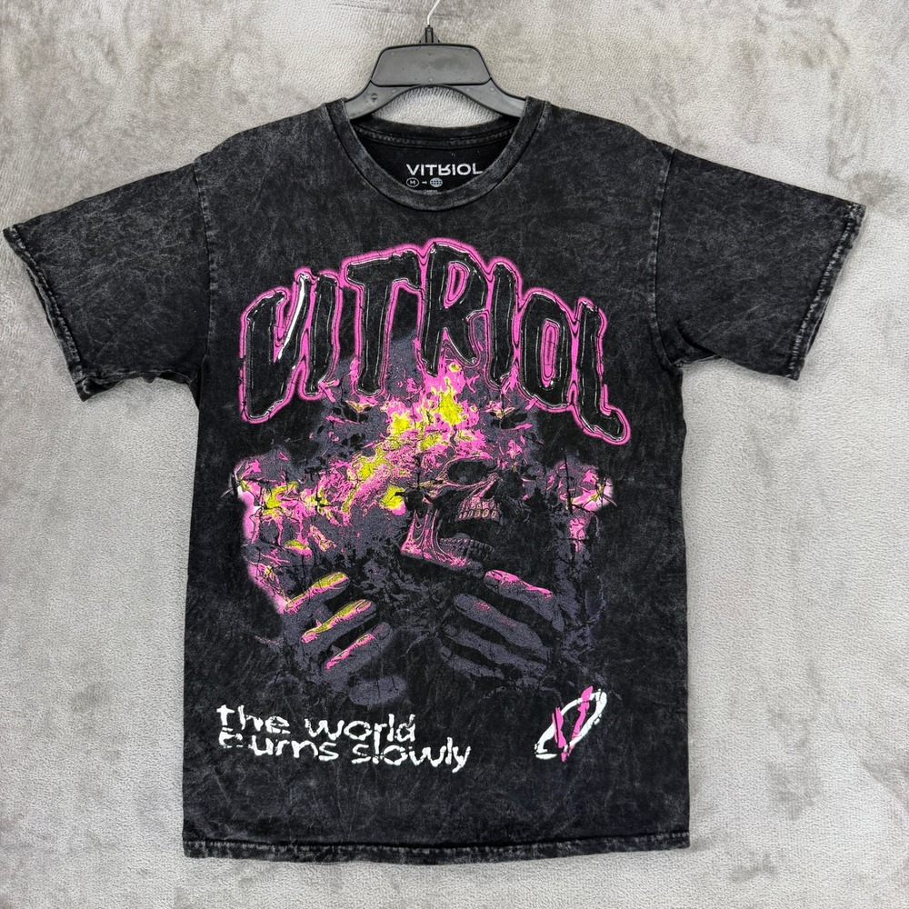 Vitriol T-Shirt Mens M The World Burns Slowly Black Acid Wash Skull EUC